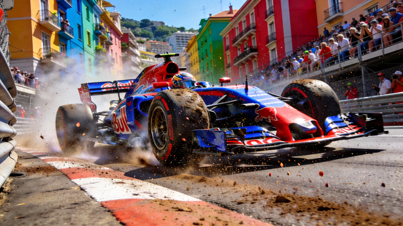 F1赛车摩纳哥大奖赛街道赛激烈追逐画面